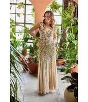Adrianna Papell Floral Beaded Mesh V-Neck Flutter Sleeve Dress