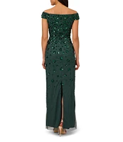 Adrianna Papell Floral Beaded Off-the-Shoulder Gown