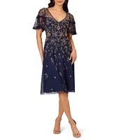 Adrianna Papell Floral Beaded V-Neck Short Sleeve Dress