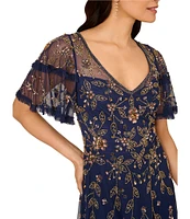 Adrianna Papell Floral Beaded V-Neck Short Sleeve Dress