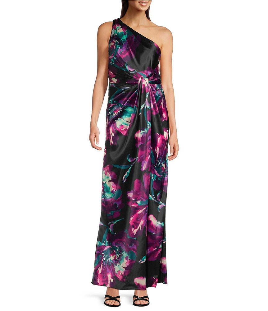 Adrianna Papell Floral Chiffon One Shoulder Sleeveless Column Gown