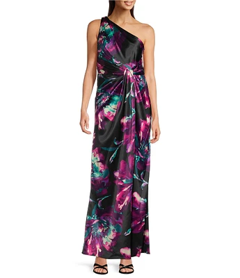 Adrianna Papell Floral Chiffon One Shoulder Sleeveless Column Gown