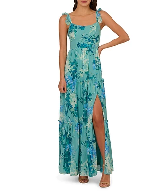 Adrianna Papell Floral Chiffon Square Neck Ruffle A-Line Dress