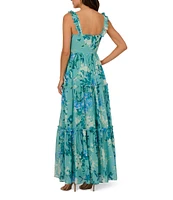 Adrianna Papell Floral Chiffon Square Neck Ruffle A-Line Dress