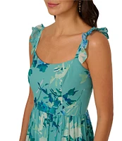 Adrianna Papell Floral Chiffon Square Neck Ruffle A-Line Dress