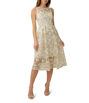 Adrianna Papell Floral Embroidered Crew Neck Fit and Flare Dress