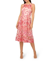 Adrianna Papell Floral Embroidered Halter Neck A-Line Midi Dress