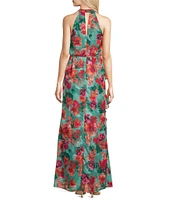 Adrianna Papell Floral Halter Keyhole Neck Sleeveless Blouson Gown