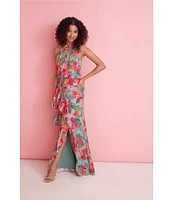 Adrianna Papell Floral Halter Keyhole Neck Sleeveless Blouson Gown
