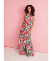 Adrianna Papell Floral Halter Keyhole Neck Sleeveless Blouson Gown