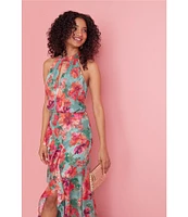 Adrianna Papell Floral Halter Keyhole Neck Sleeveless Blouson Gown
