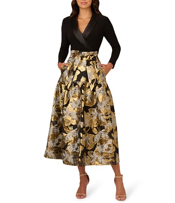 Adrianna Papell Floral Jacquard Lapel V-Neck Long Sleeve Side Pocket Tuxedo Midi Dress