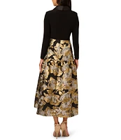 Adrianna Papell Floral Jacquard Lapel V-Neck Long Sleeve Side Pocket Tuxedo Midi Dress