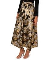 Adrianna Papell Floral Jacquard Lapel V-Neck Long Sleeve Side Pocket Tuxedo Midi Dress