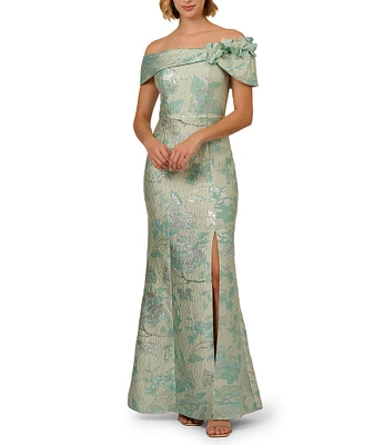 Adrianna Papell Floral Jacquard Off-The-Shoulder Cap Sleeve Column Gown