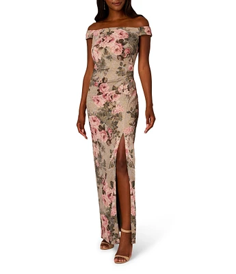 Adrianna Papell Floral Jacquard Off-The-Shoulder Cap Sleeve Front Slit Hem Column Dress