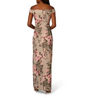 Adrianna Papell Floral Jacquard Off-The-Shoulder Cap Sleeve Front Slit Hem Column Dress