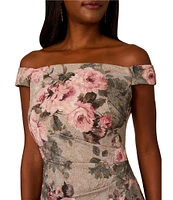 Adrianna Papell Floral Jacquard Off-The-Shoulder Cap Sleeve Front Slit Hem Column Dress