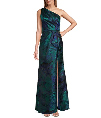 Adrianna Papell Floral Jacquard One Shoulder Sleeveless Mermaid Gown