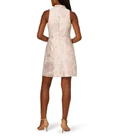 Adrianna Papell Floral Jacquard V-Neck Sleeveless Pearl Trim A-Line Dress