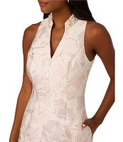 Adrianna Papell Floral Jacquard V-Neck Sleeveless Pearl Trim A-Line Dress