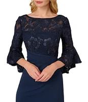 Adrianna Papell Floral Lace Boat Neck 3/4 Bell Cuff Gathered Dress