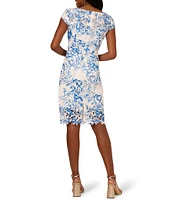 Adrianna Papell Floral Lace Boat Neck Cap Sleeve Sheath Dress