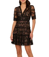 Adrianna Papell Floral Lace Embroidery V-Neck Short Sleeve Tiered Mini A-Line Dress