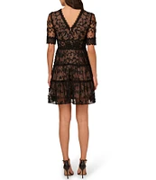 Adrianna Papell Floral Lace Embroidery V-Neck Short Sleeve Tiered Mini A-Line Dress