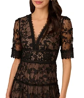 Adrianna Papell Floral Lace Embroidery V-Neck Short Sleeve Tiered Mini A-Line Dress