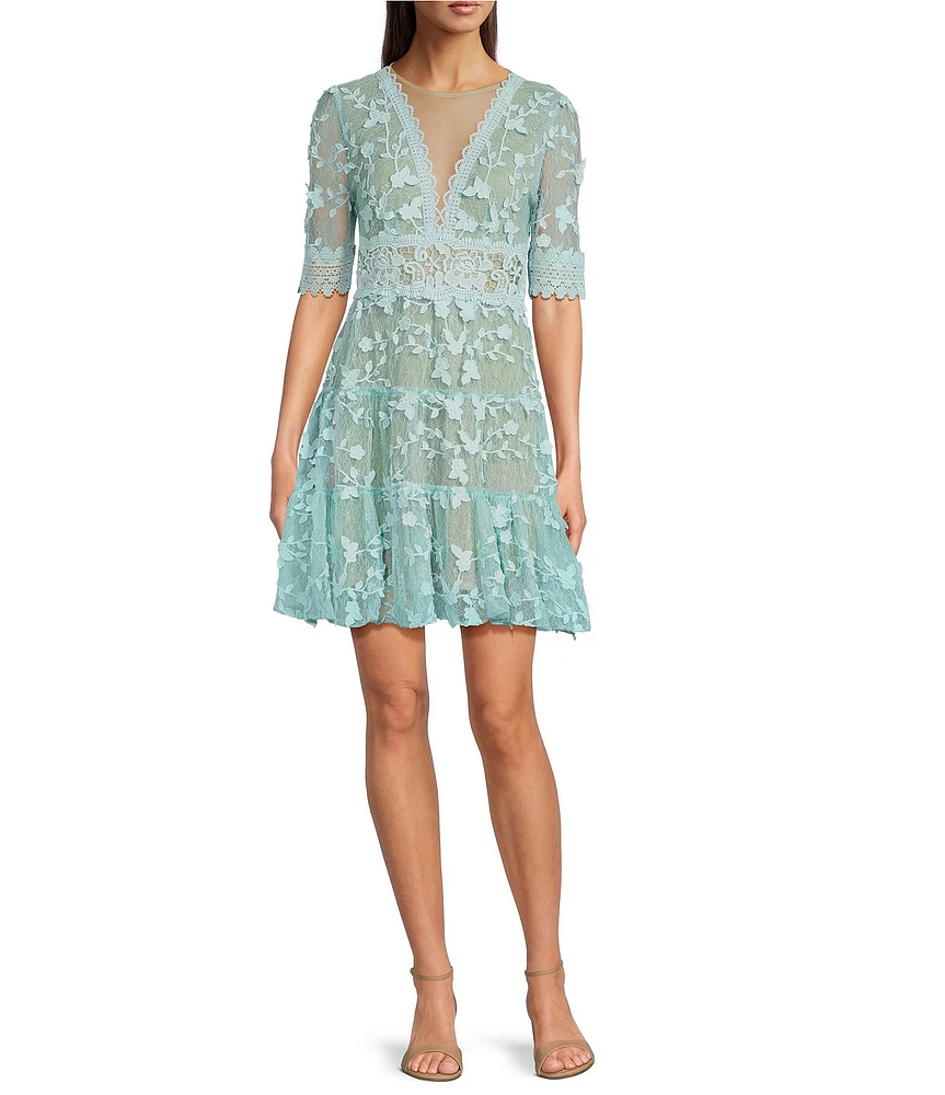 Adrianna Papell Floral Lace Embroidery V-Neck Short Sleeve Tiered Mini A-Line Dress