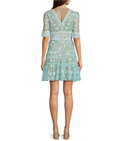 Adrianna Papell Floral Lace Embroidery V-Neck Short Sleeve Tiered Mini A-Line Dress
