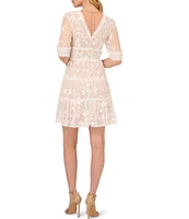 Adrianna Papell Floral Lace Embroidery V-Neck Short Sleeve Tiered Mini A-Line Dress