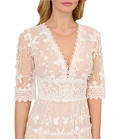 Adrianna Papell Floral Lace Embroidery V-Neck Short Sleeve Tiered Mini A-Line Dress