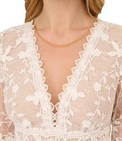 Adrianna Papell Floral Lace Embroidery V-Neck Short Sleeve Tiered Mini A-Line Dress