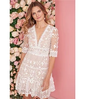 Adrianna Papell Floral Lace Embroidery V-Neck Short Sleeve Tiered Mini A-Line Dress