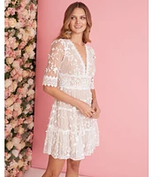 Adrianna Papell Floral Lace Embroidery V-Neck Short Sleeve Tiered Mini A-Line Dress