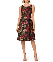 Adrianna Papell Floral Metallic Jacquard Scoop Neck Sleeveless Side Pocket Dress