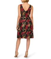 Adrianna Papell Floral Metallic Jacquard Scoop Neck Sleeveless Side Pocket Dress