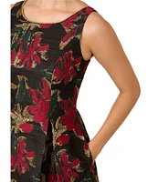 Adrianna Papell Floral Metallic Jacquard Scoop Neck Sleeveless Side Pocket Dress