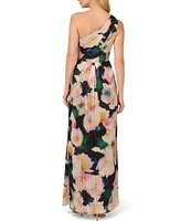 Adrianna Papell Floral Metallic Satin One Shoulder Sleeveless Twist Waist Gown