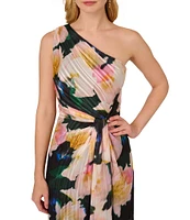 Adrianna Papell Floral Metallic Satin One Shoulder Sleeveless Twist Waist Gown