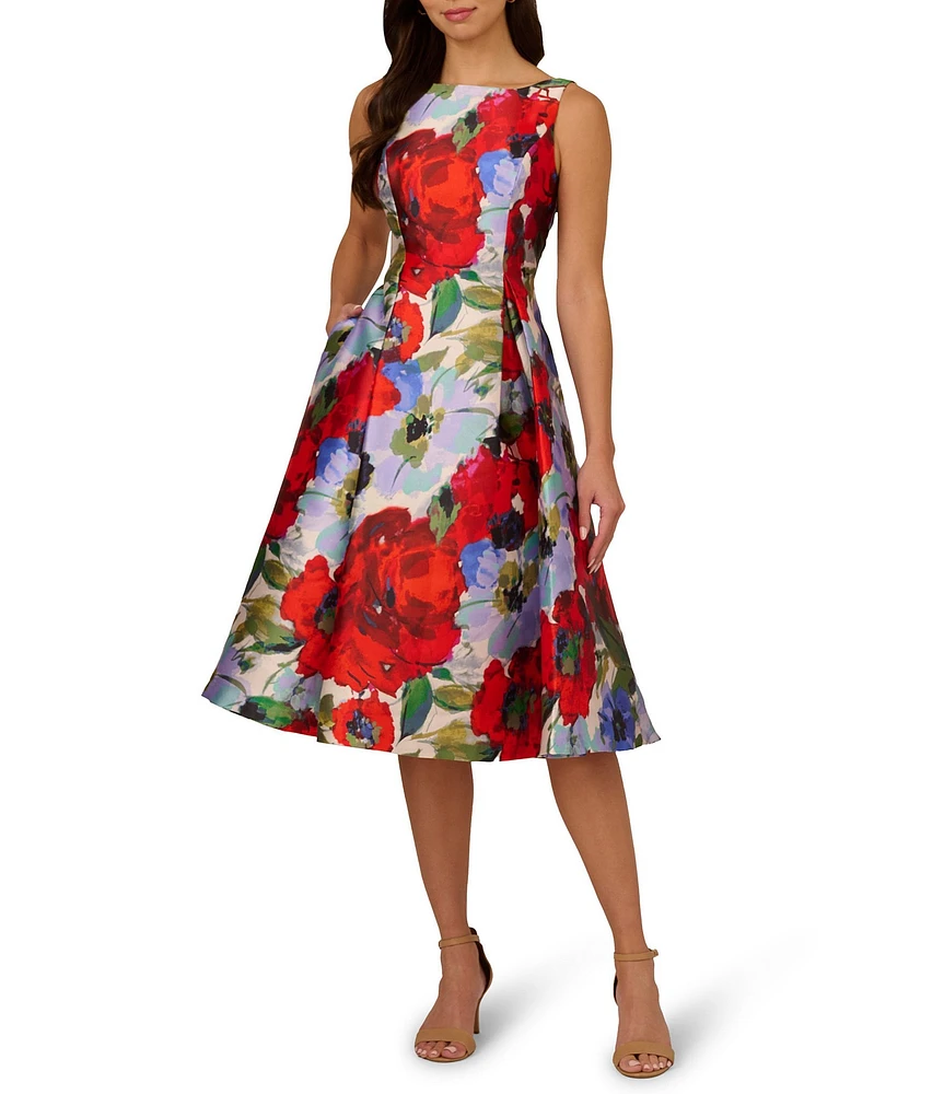 Adrianna Papell Floral Mikado Boat Neck Sleeveless Side Seam Pocket Fit & Flare Dress