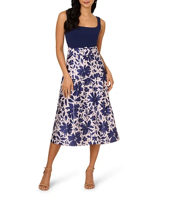 Adrianna Papell Floral Novelty Square Neck Belted Tiered Hem Midi A-Line Dress
