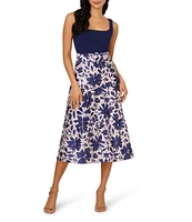 Adrianna Papell Floral Novelty Square Neck Belted Tiered Hem Midi A-Line Dress
