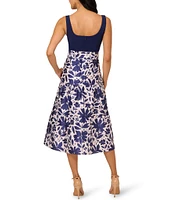 Adrianna Papell Floral Novelty Square Neck Belted Tiered Hem Midi A-Line Dress