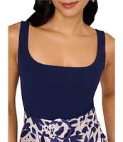 Adrianna Papell Floral Novelty Square Neck Belted Tiered Hem Midi A-Line Dress
