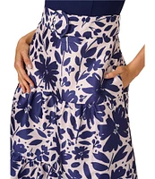 Adrianna Papell Floral Novelty Square Neck Belted Tiered Hem Midi A-Line Dress