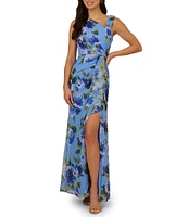 Adrianna Papell Floral Print Chiffon Asymmetrical Neck Sleeveless Front Ruffle Twist Column Dress
