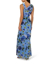 Adrianna Papell Floral Print Chiffon Asymmetrical Neck Sleeveless Front Ruffle Twist Column Dress